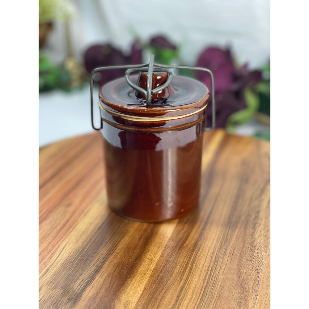 Vintage Brown Glazed Stoneware Crock/Canister – 4” Tall, Rustic Kitchen Decor